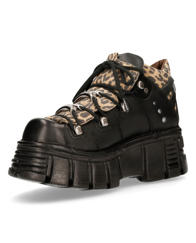 New Rock M106n-c25 Unisex Black Leopard Leather Platform Shoes 