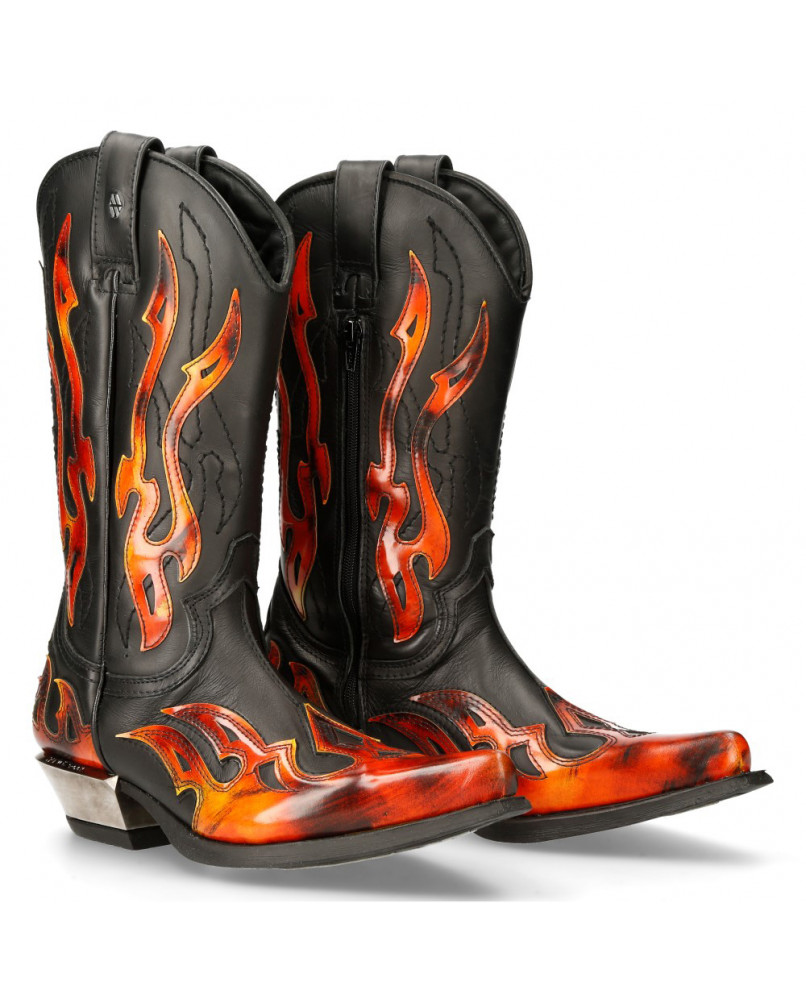 Newrock 7921-S2 New Rock Leather West Black Red Flame Cowboy Leather Boots